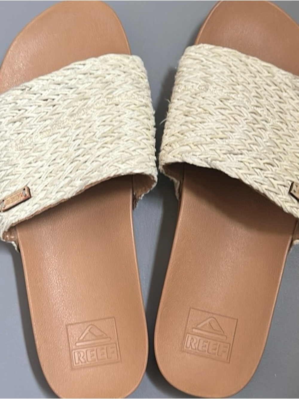 REEF Women's Woven Cream Slide Sandals with Tan Footbed
